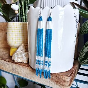 BOGO EARRINGS Blue and White Beaded Fringe Earrings